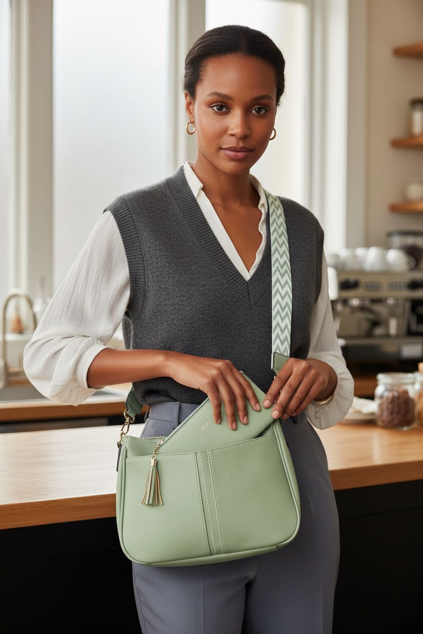 TANTOMI crossbody purse and matching wallet at a café, highlighting gold hardware and chic design.