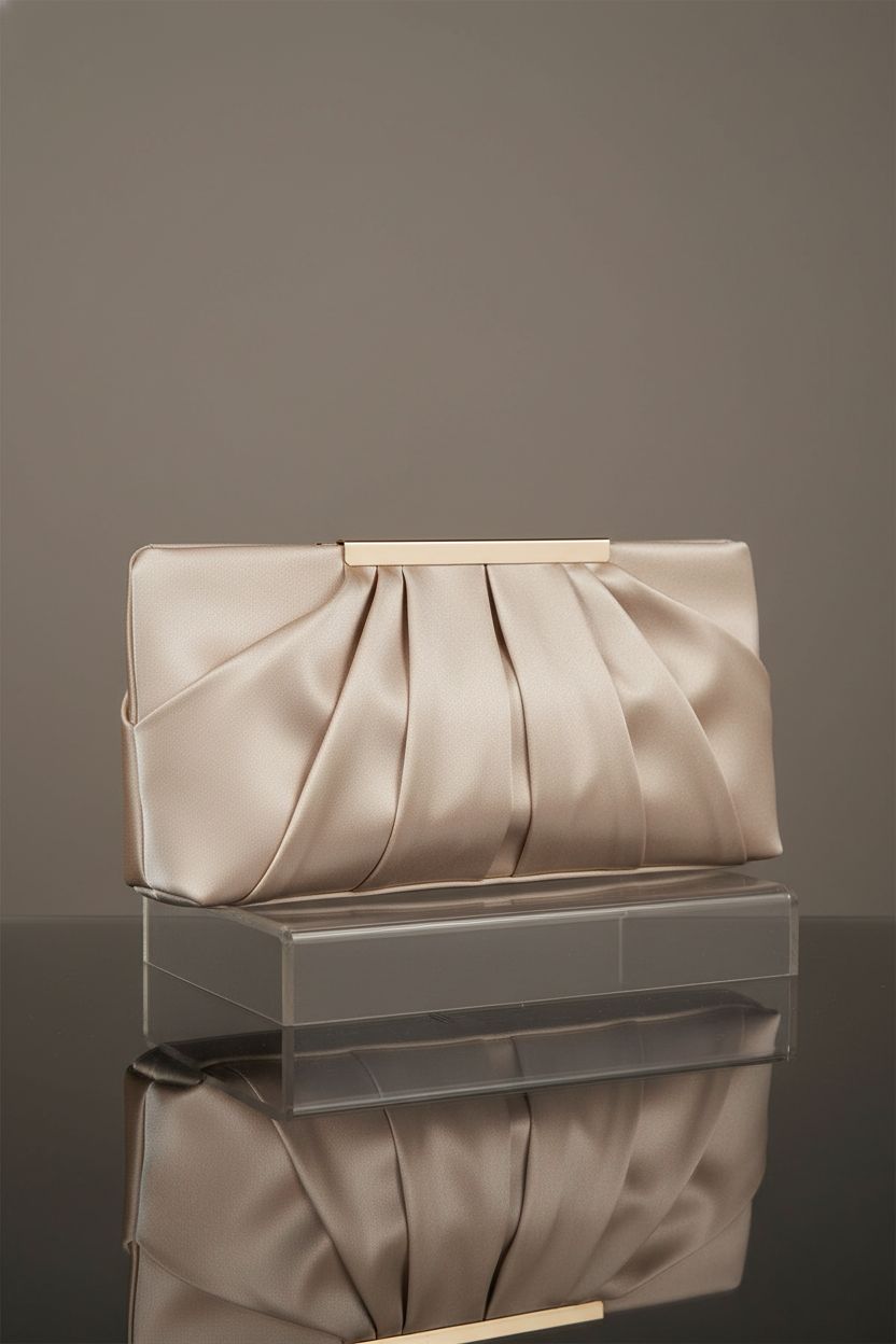 Product image of CHARMING TAILOR champagne satin clutch bag, showcasing elegant design.