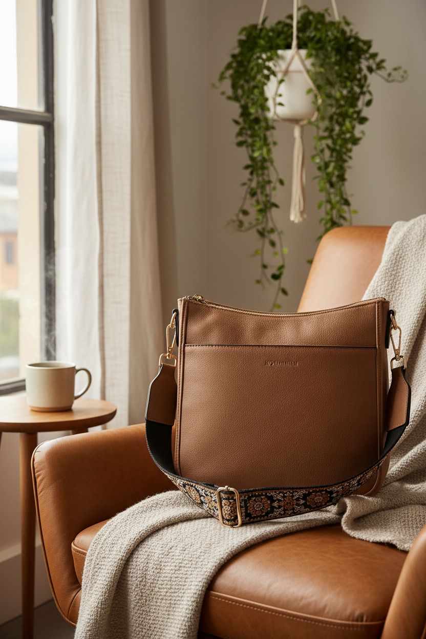 BOSTANTEN hobo purse resting on cozy chair, showcasing vegan leather and stylish strap