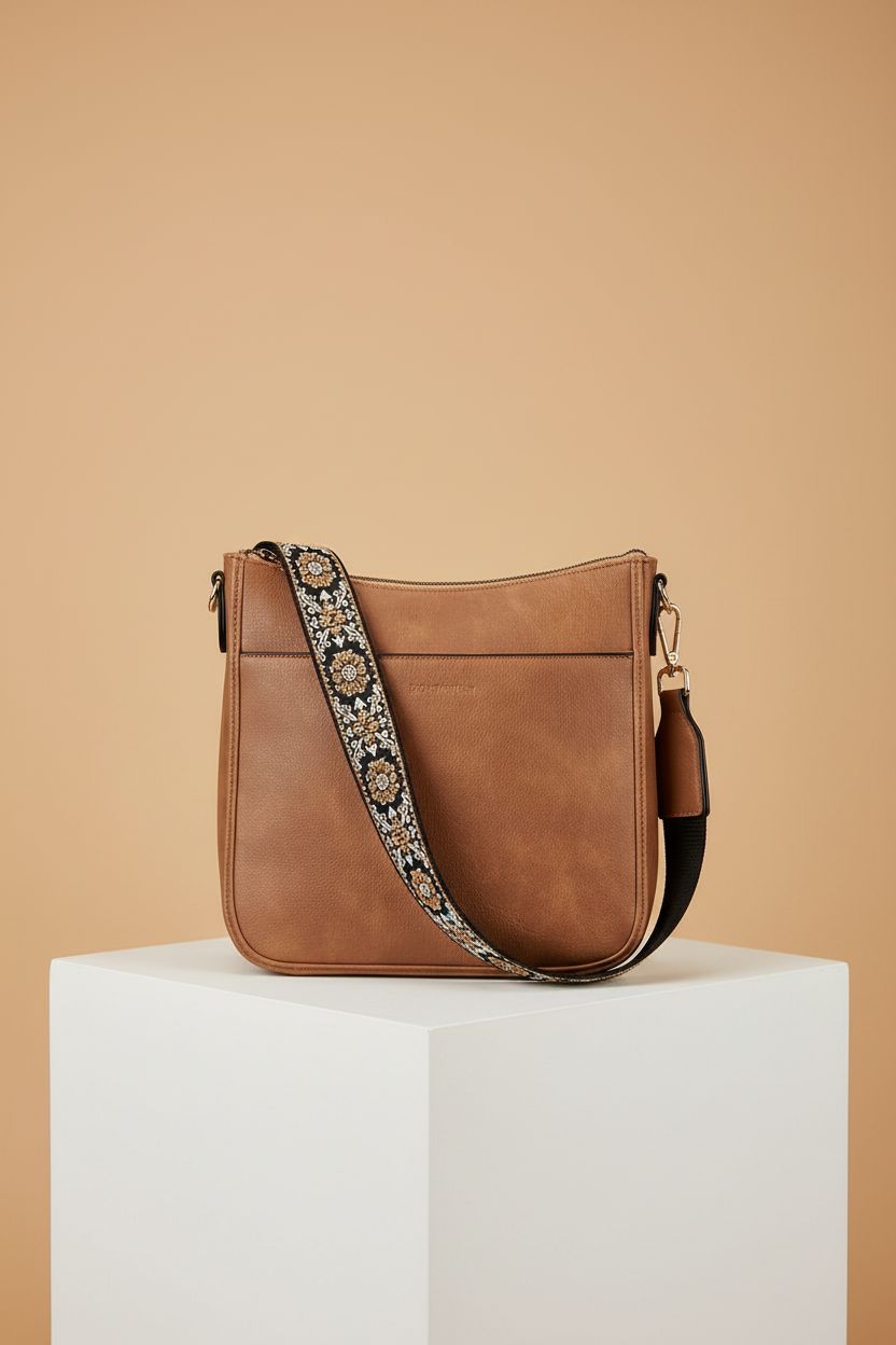 BOSTANTEN brown hobo bag displayed on a minimal cube, highlighting vegan leather and design details