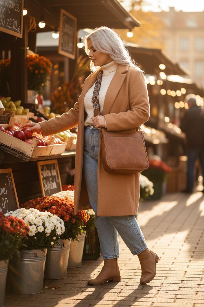 BOSTANTEN brown hobo purse over shoulder at autumn market, stylish vegan leather design