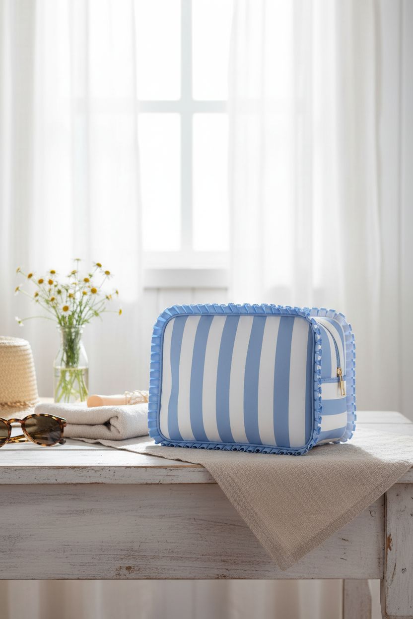Fozira striped makeup pouch on a coastal cottage vanity, accentuating summer vibes with floral decor.