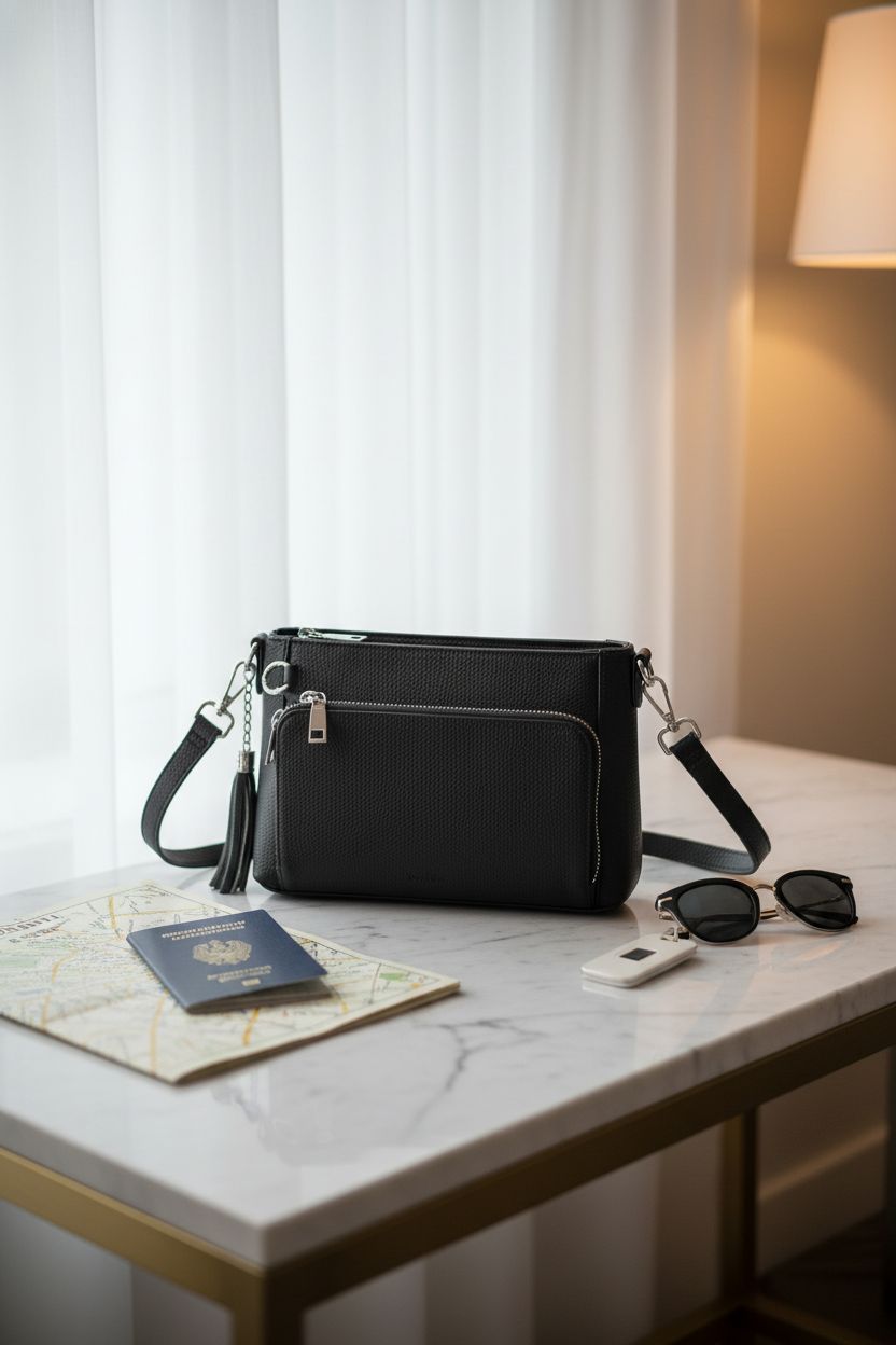 Befen purse on marble console with passport and map, highlighting RFID protection features.