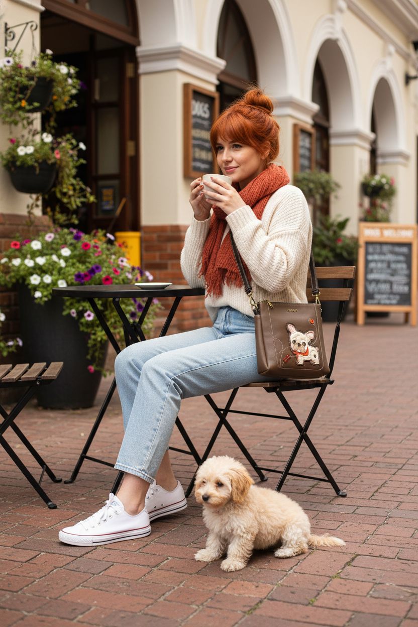 CHALA French Bulldog crossbody purse in a dog-friendly café setting with a latte and pup.