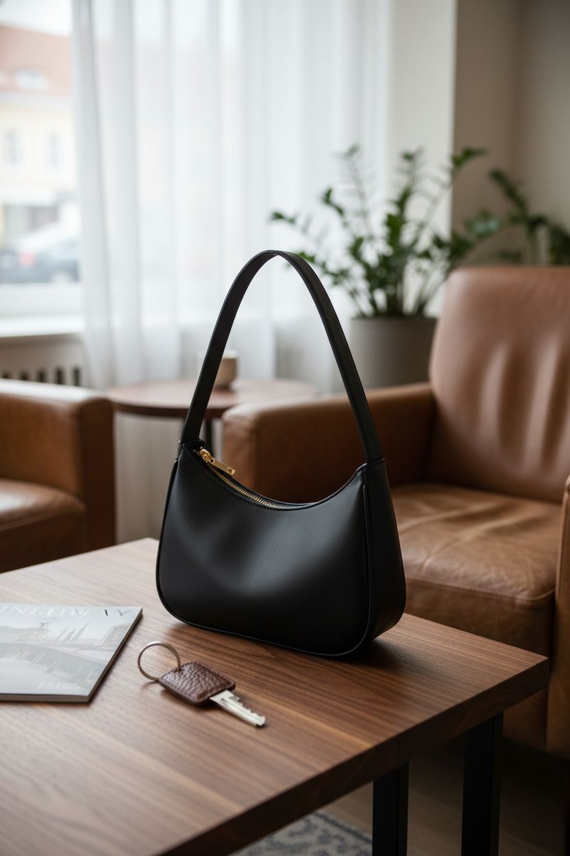 CYHTWSDJ black hobo bag resting elegantly in a stylish boutique hotel lounge.