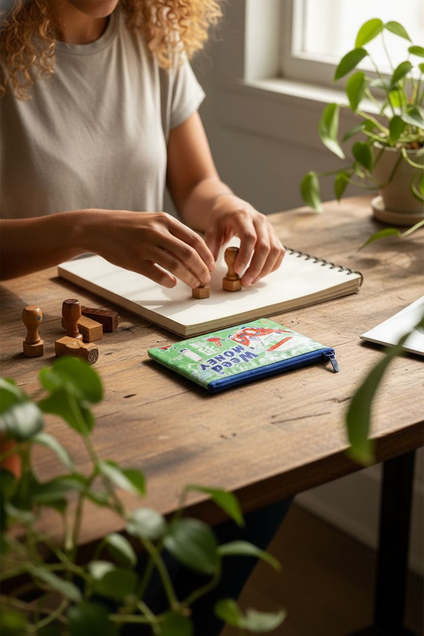 Blue Q coin purse on a reclaimed wood desk, surrounded by plants and stationery