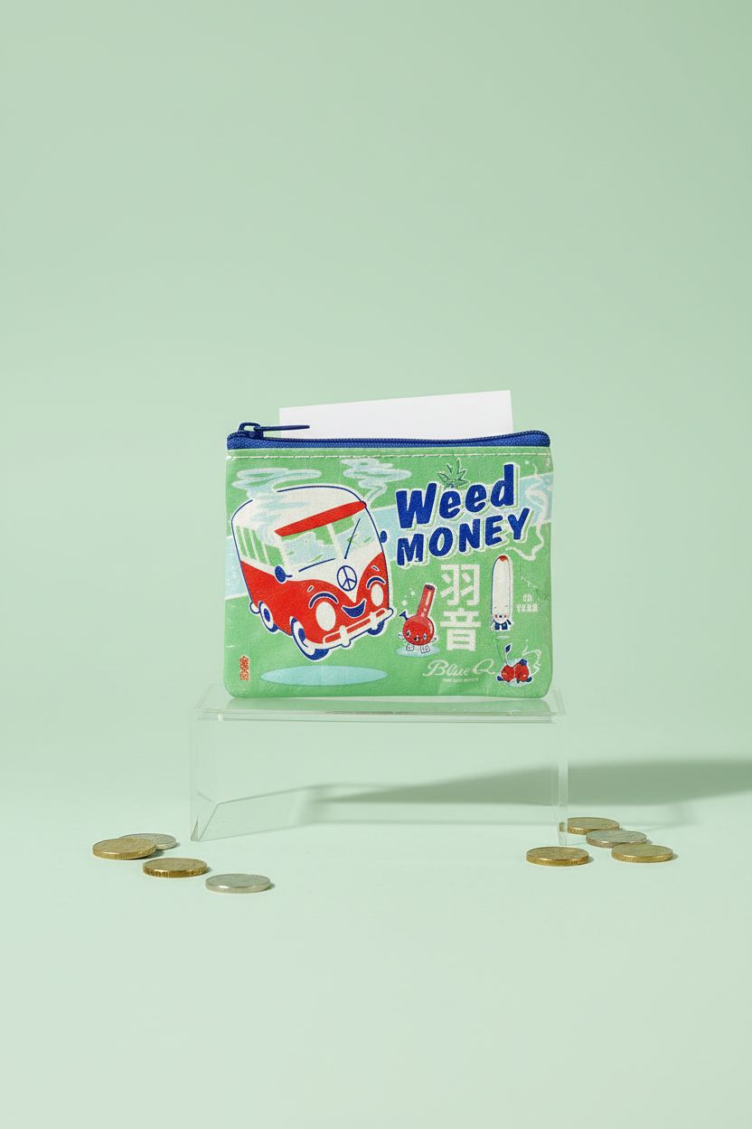 Blue Q coin purse on a clear acrylic riser, highlighting its recycled material design