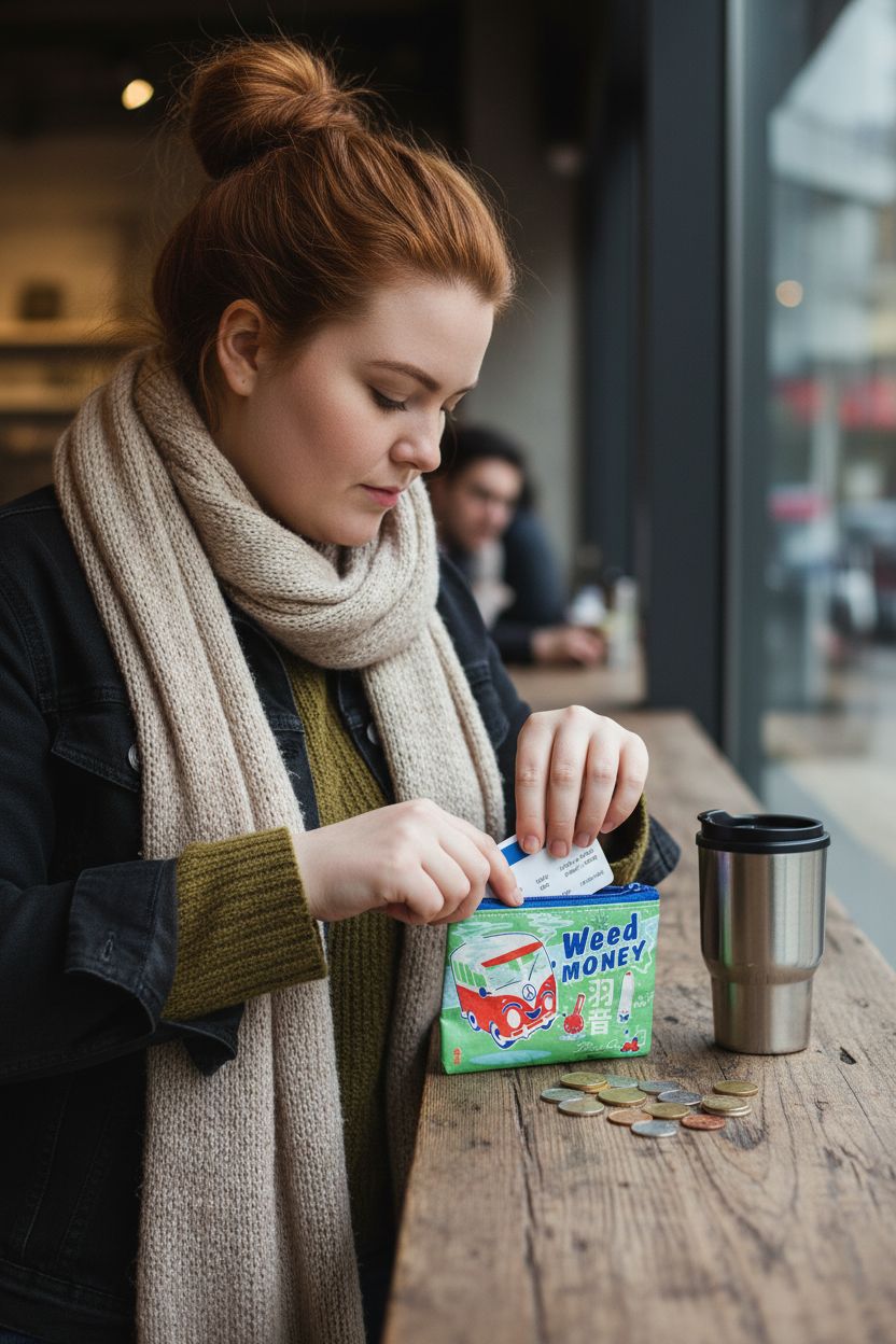 Blue Q coin purse made from recycled materials, unzipped to reveal coins and a transit card