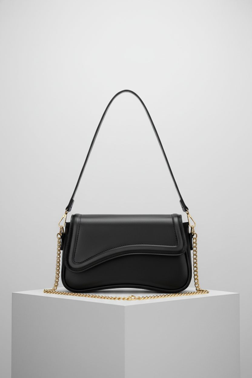 KKXIU black shoulder bag on a light pedestal, showcasing its sleek design and quality materials.
