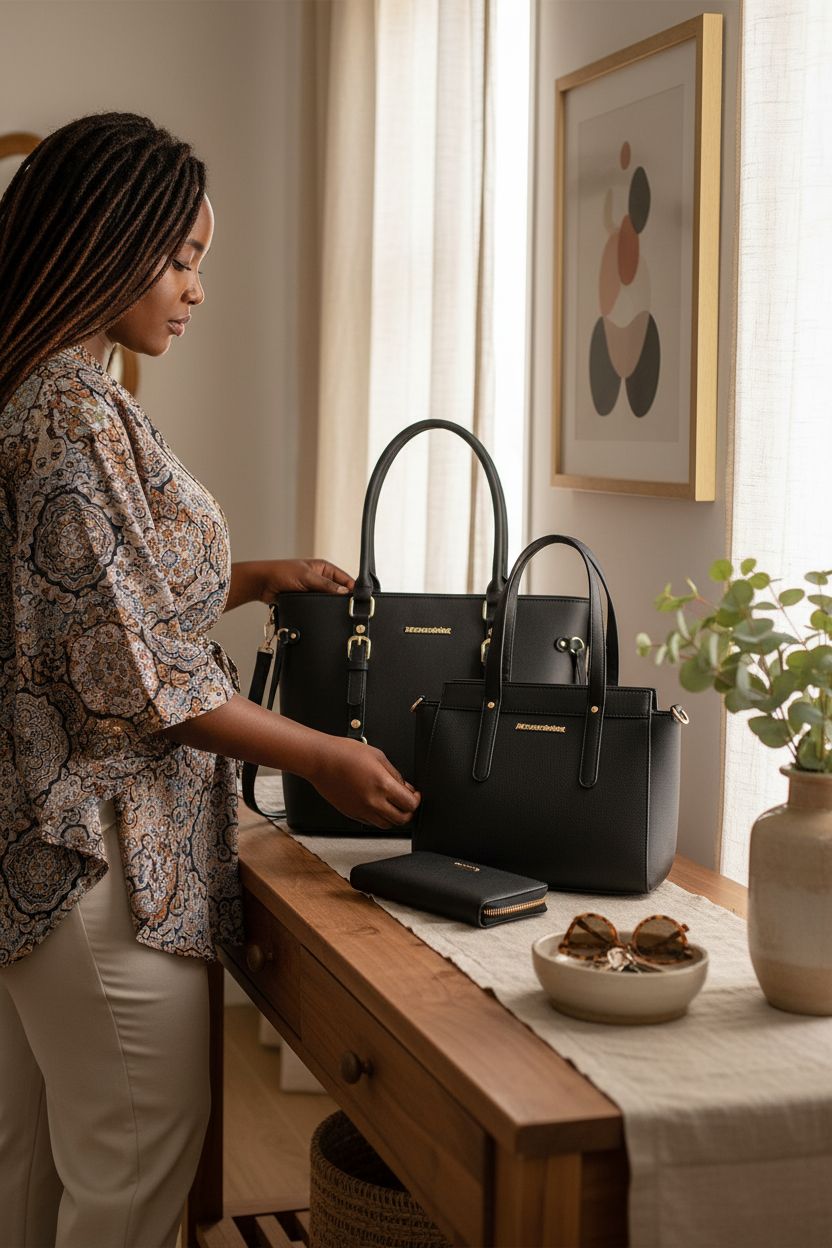 Montana West tote and wallet set elegantly displayed on console, adding charm to home decor.