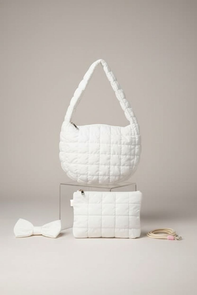 Product shot of Abbylike quilted tote bag set showcasing its elegant design and details.