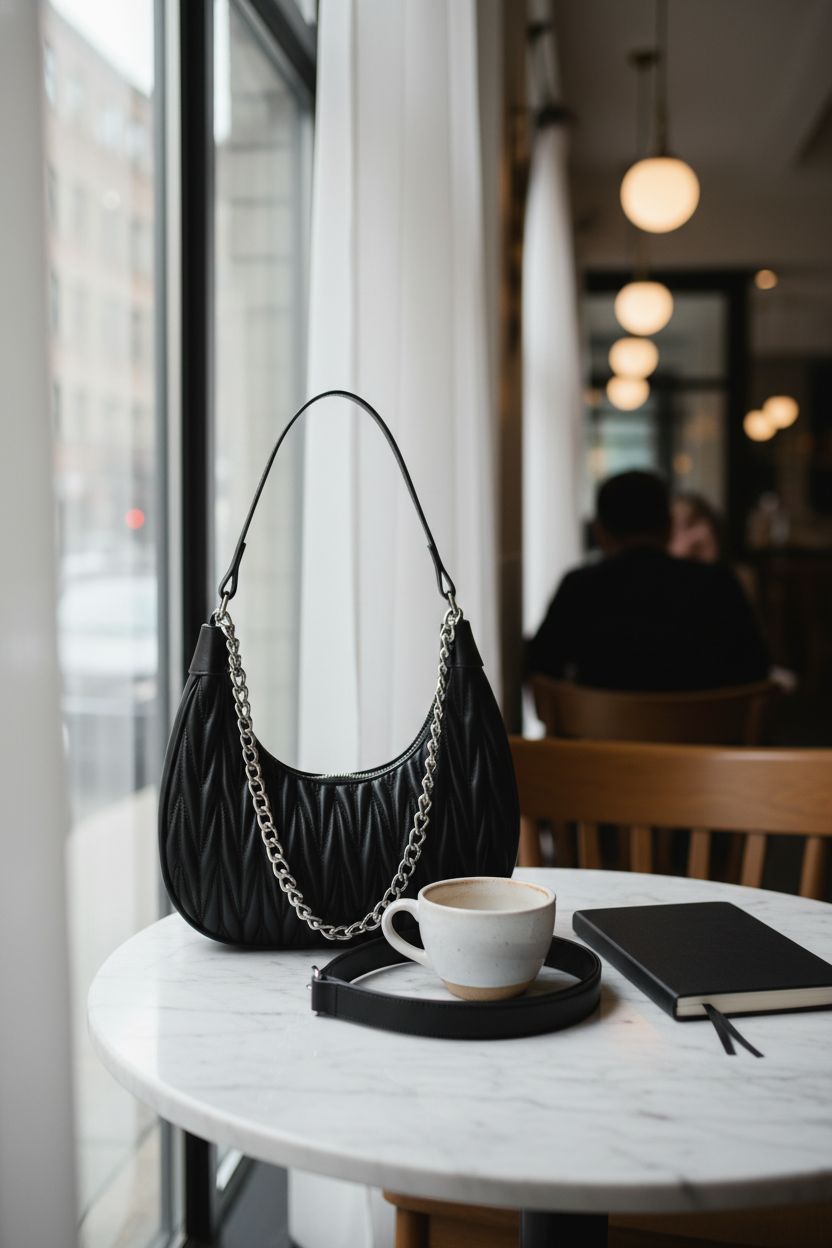 Anuizxz black quilted bag elegantly resting on a marble table beside a coffee cup.
