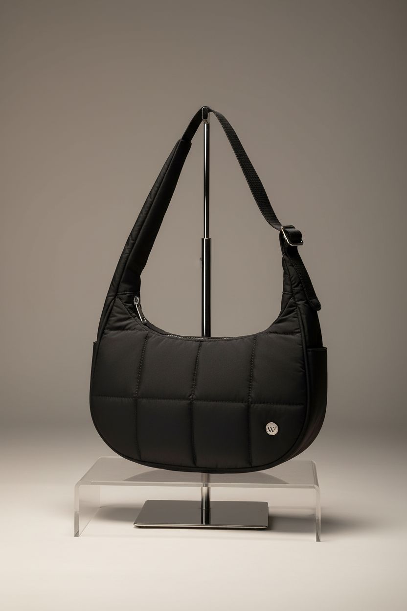 Product shot of the WESTBRONCO small puffer crescent bag showcasing its chic design, adjustable strap, and fine details.