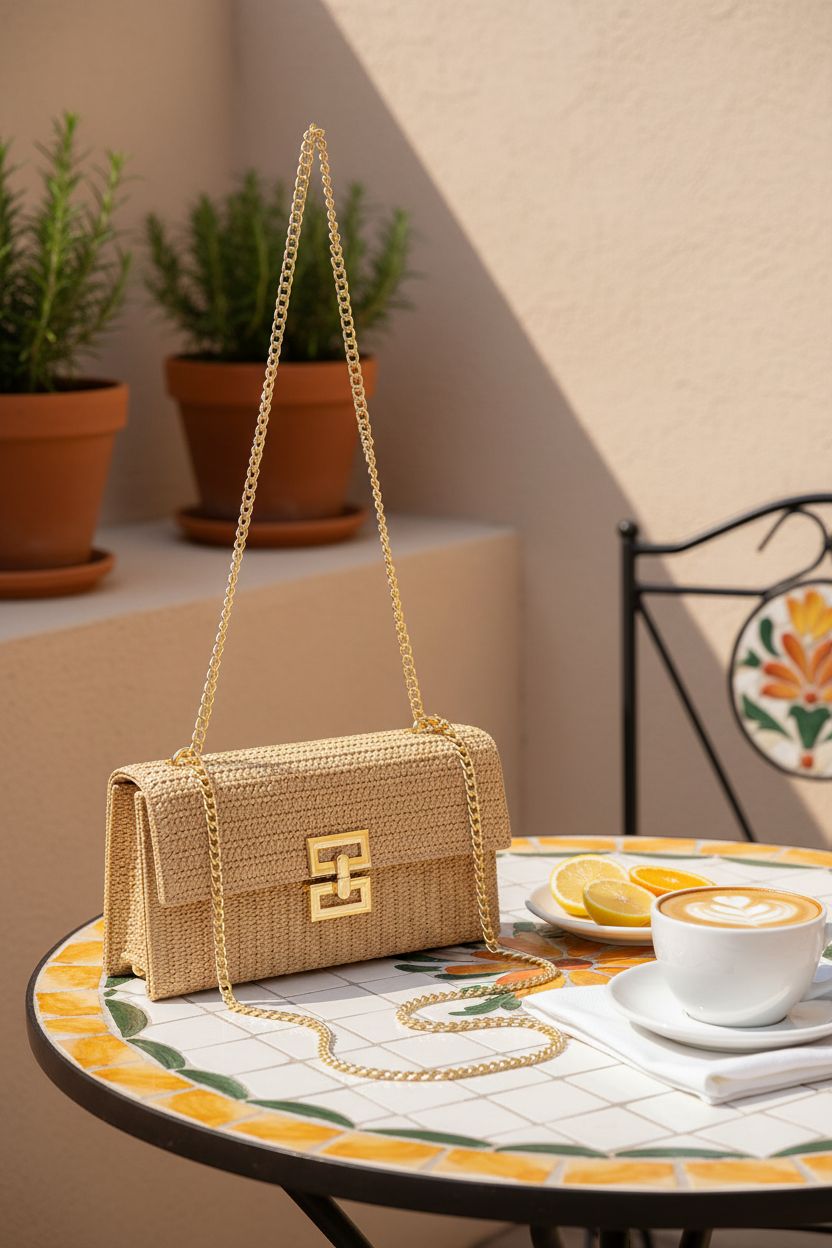 Rancco woven purse on a café table, enhancing the relaxed Mediterranean vibe with a morning drink.