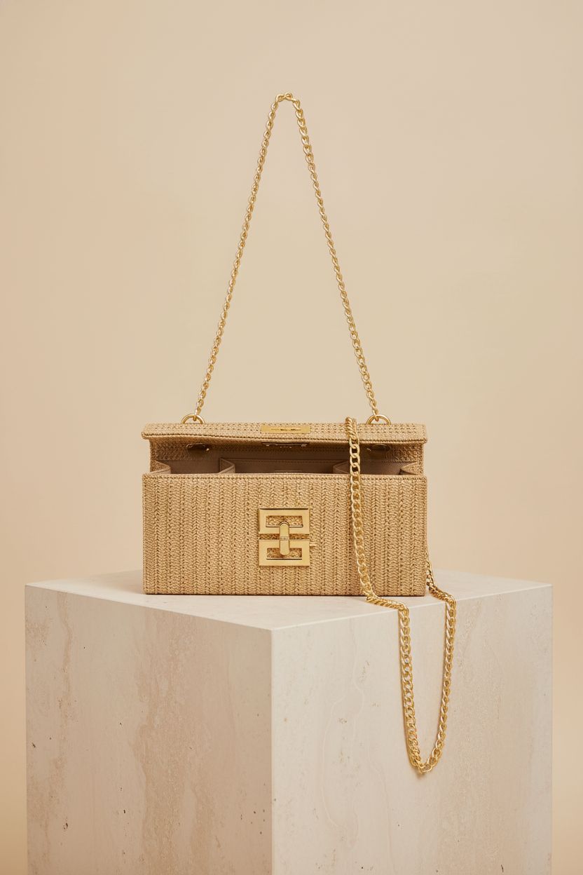 Rancco rattan purse displayed on a clean studio set, highlighting its craftsmanship and elegant design.
