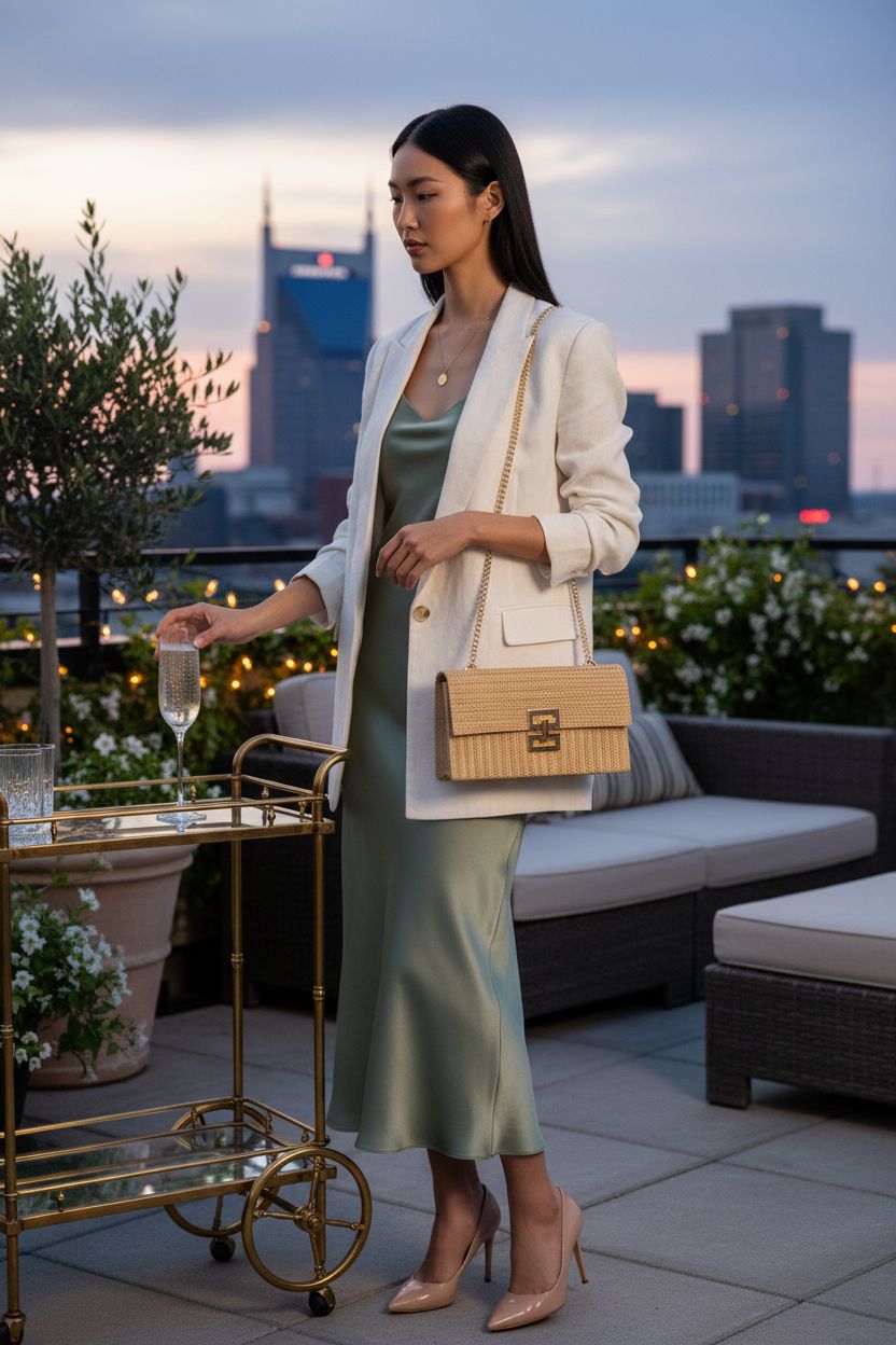 Rancco rattan purse at a rooftop garden party, showcasing elegant woven design and chic style.