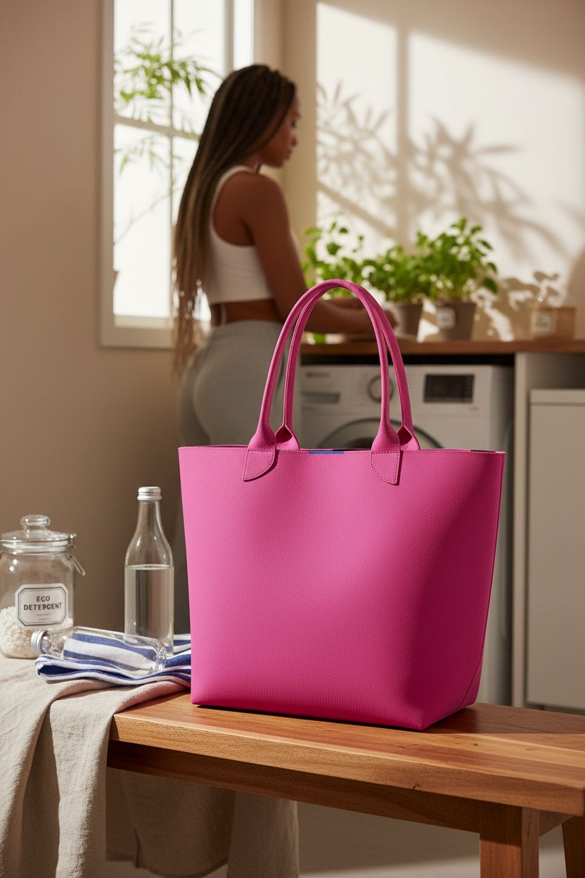 Rothy's Dragon Fruit tote elegantly displayed in a sunlit laundry room, highlighting its easy-care design
