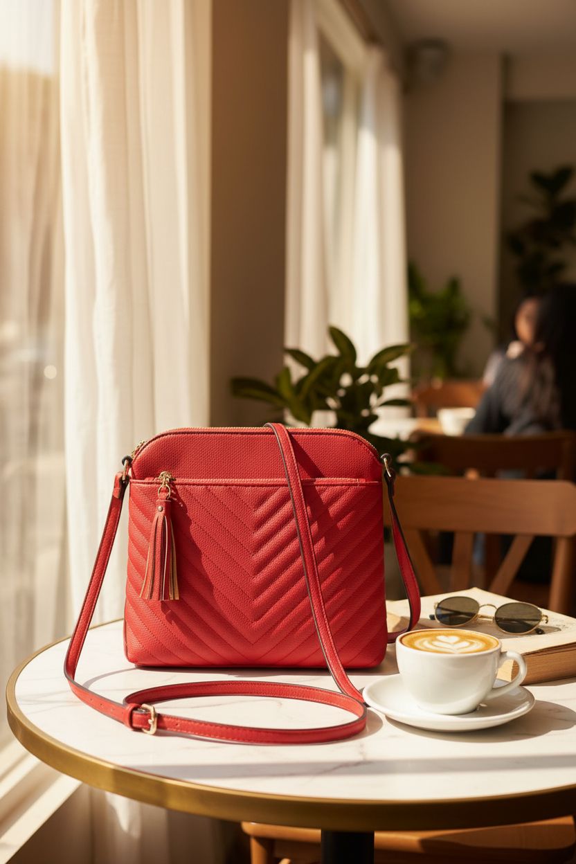 Red crossbody bag on a marble table beside cappuccino and sunglasses, styled by FashionPuzzle