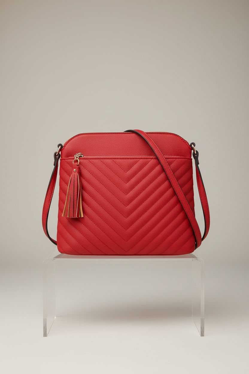 Chevron quilted red crossbody bag with precise stitching displayed on a clean studio set by FashionPuzzle