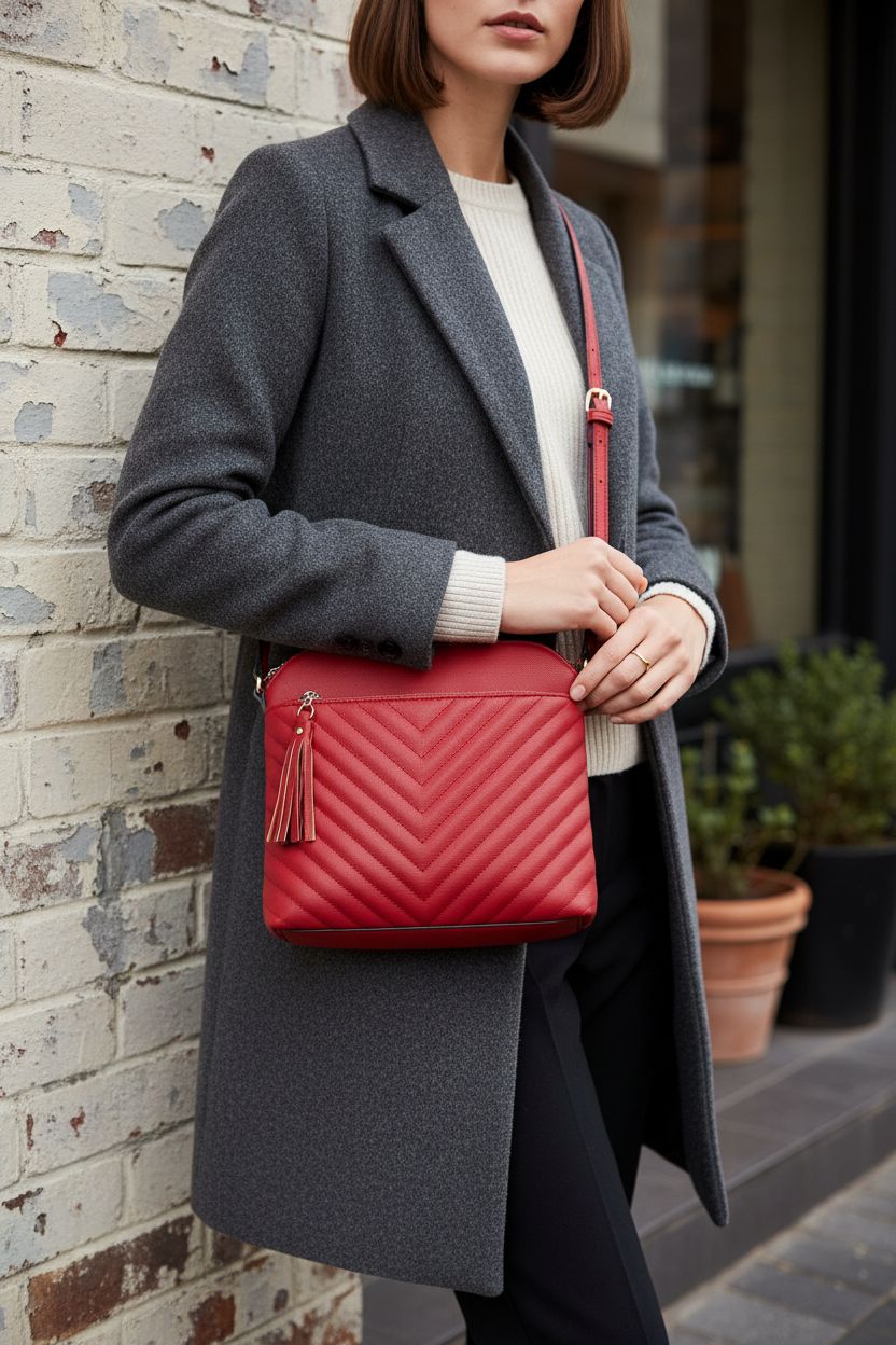Chevron quilted red crossbody bag with tassel accent, styled against a brick wall by FashionPuzzle