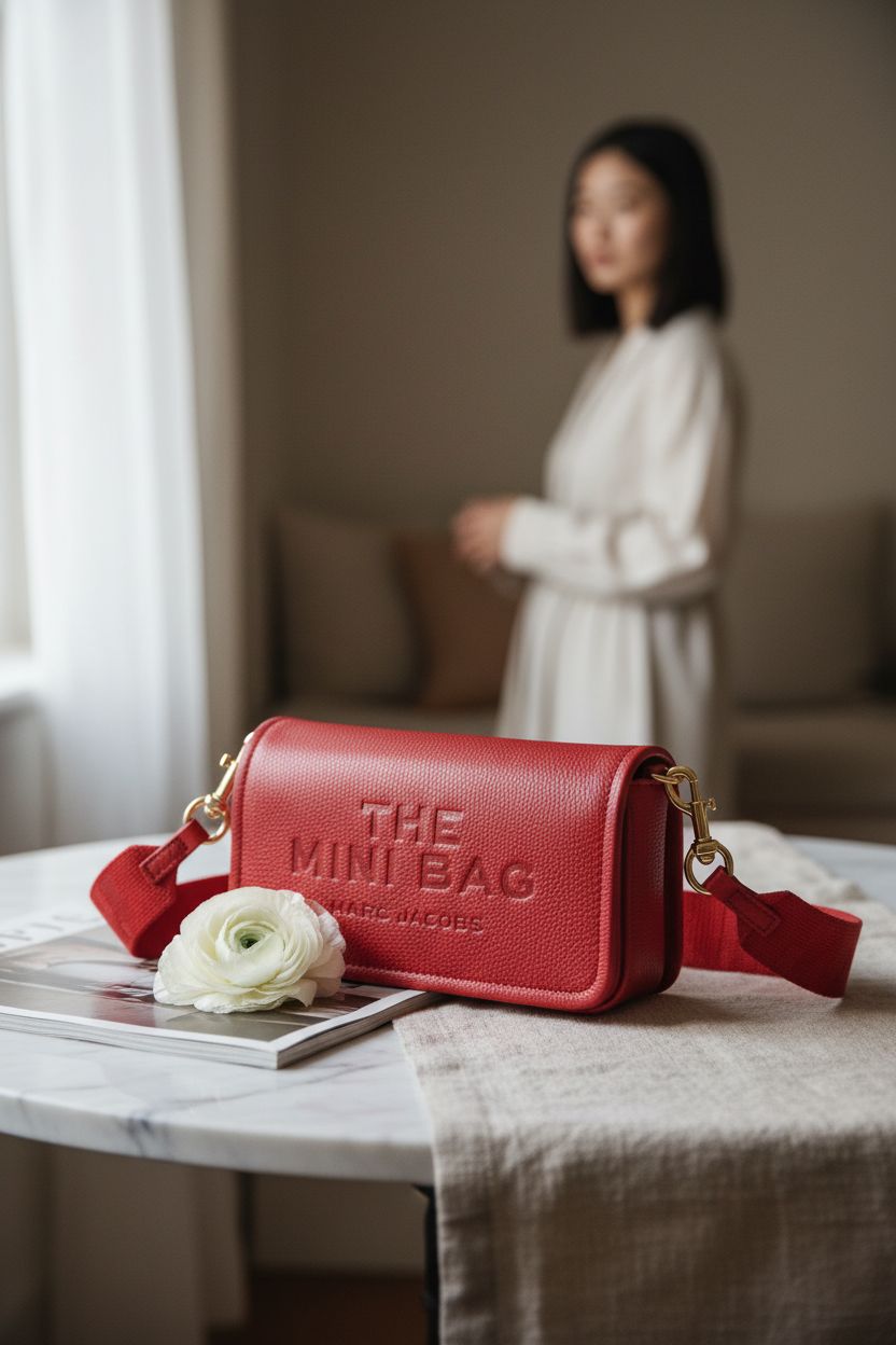 Marc Jacobs True Red leather mini bag beautifully displayed on a marble table in a cozy apartment nook.
