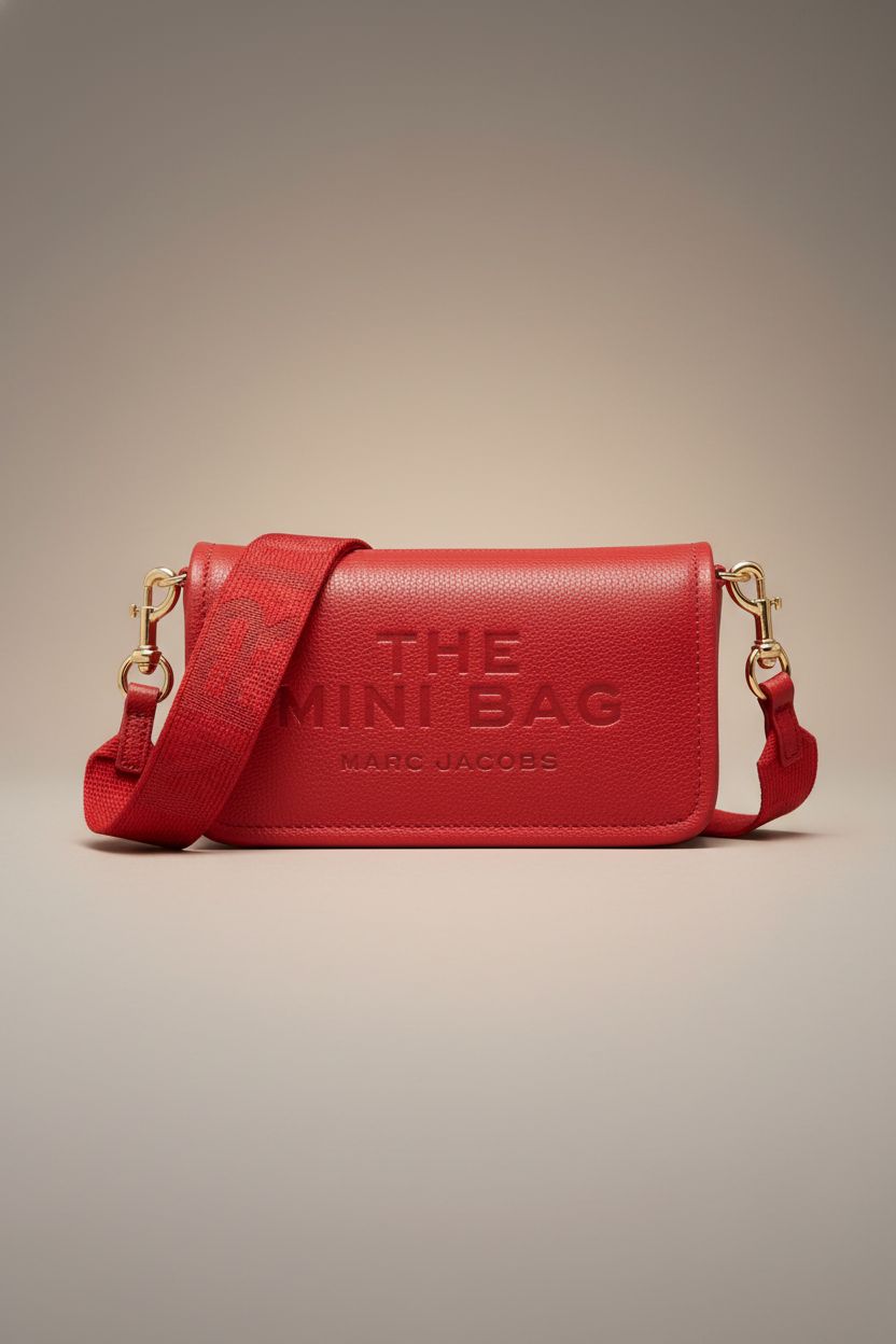 Close-up of Marc Jacobs True Red leather mini bag highlighting its pebbled texture and chic design.