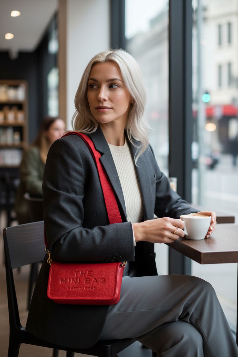 Marc Jacobs True Red leather mini bag elegantly draped over a shoulder in a café setting.