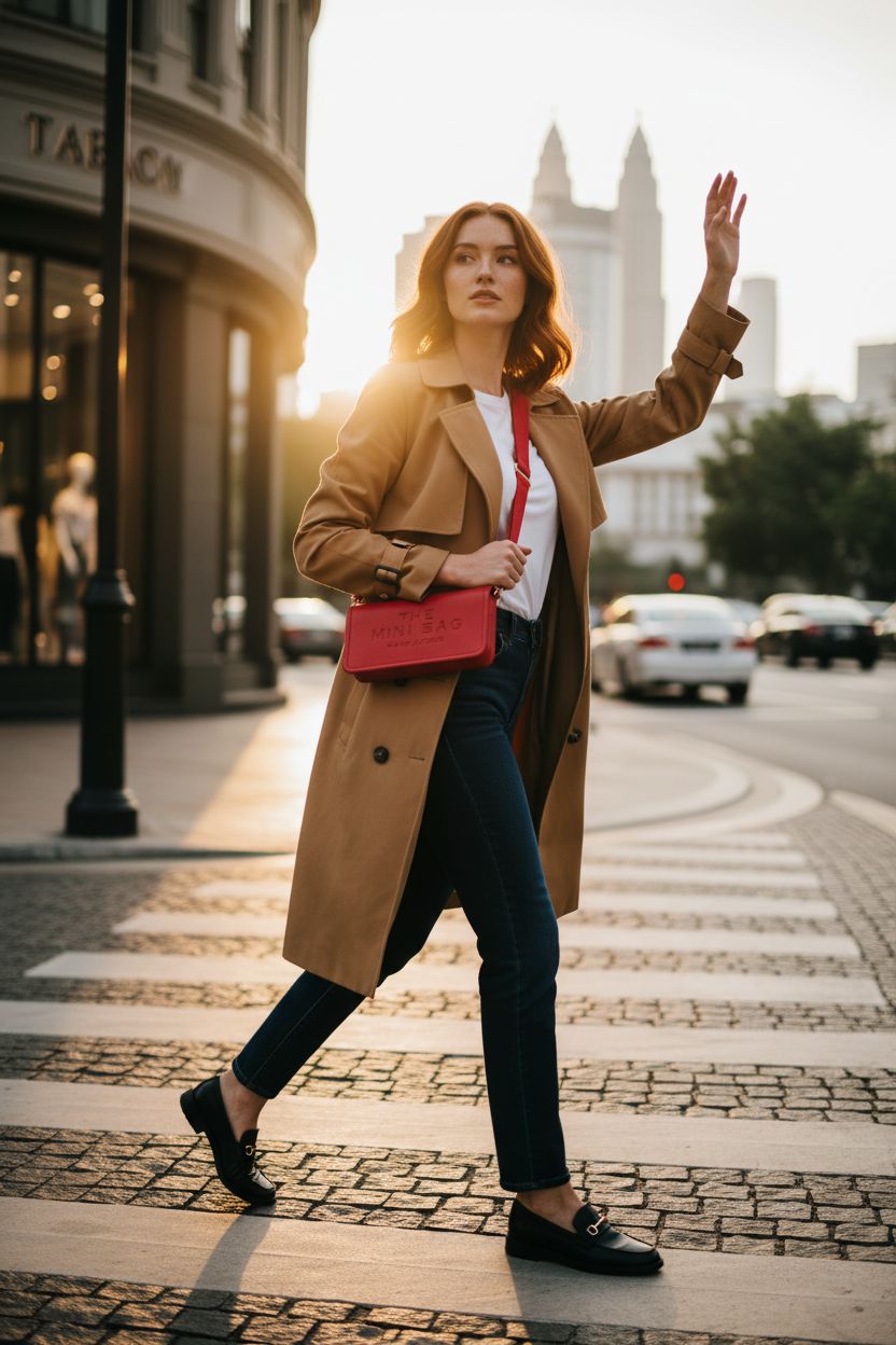 Marc Jacobs True Red crossbody bag captured in dynamic urban scene, showcasing its stylish design.