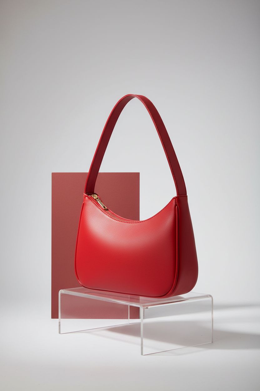 Detailed view of CYHTWSDJ red leather hobo bag on a pedestal, showcasing its design and quality.