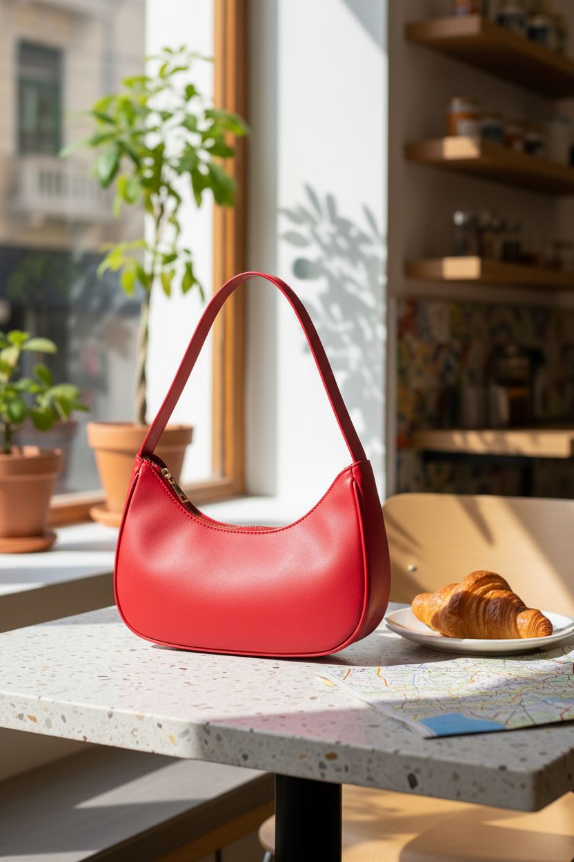 WSRYDJDL red purse on terrazzo table, ideal for daily use and travel with a croissant and map.
