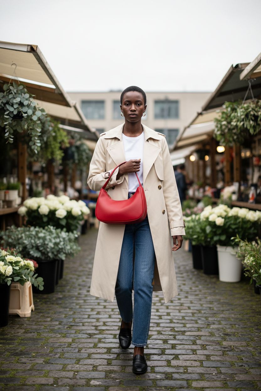 Red hobo bag by WSRYDJDL underarm purse in flower market setting, perfect for casual outings.