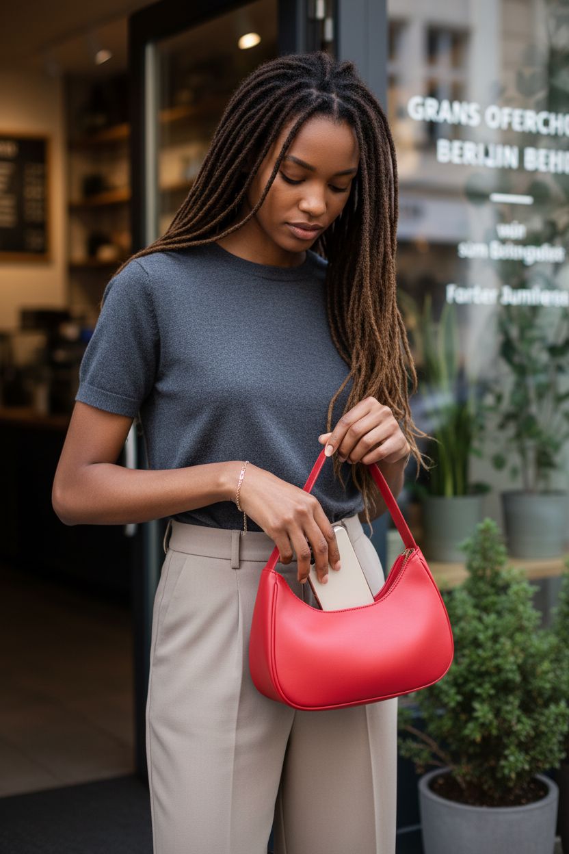 Red PU hobo bag by WSRYDJDL, perfect for work and travel, stylishly placed at a coffee shop.