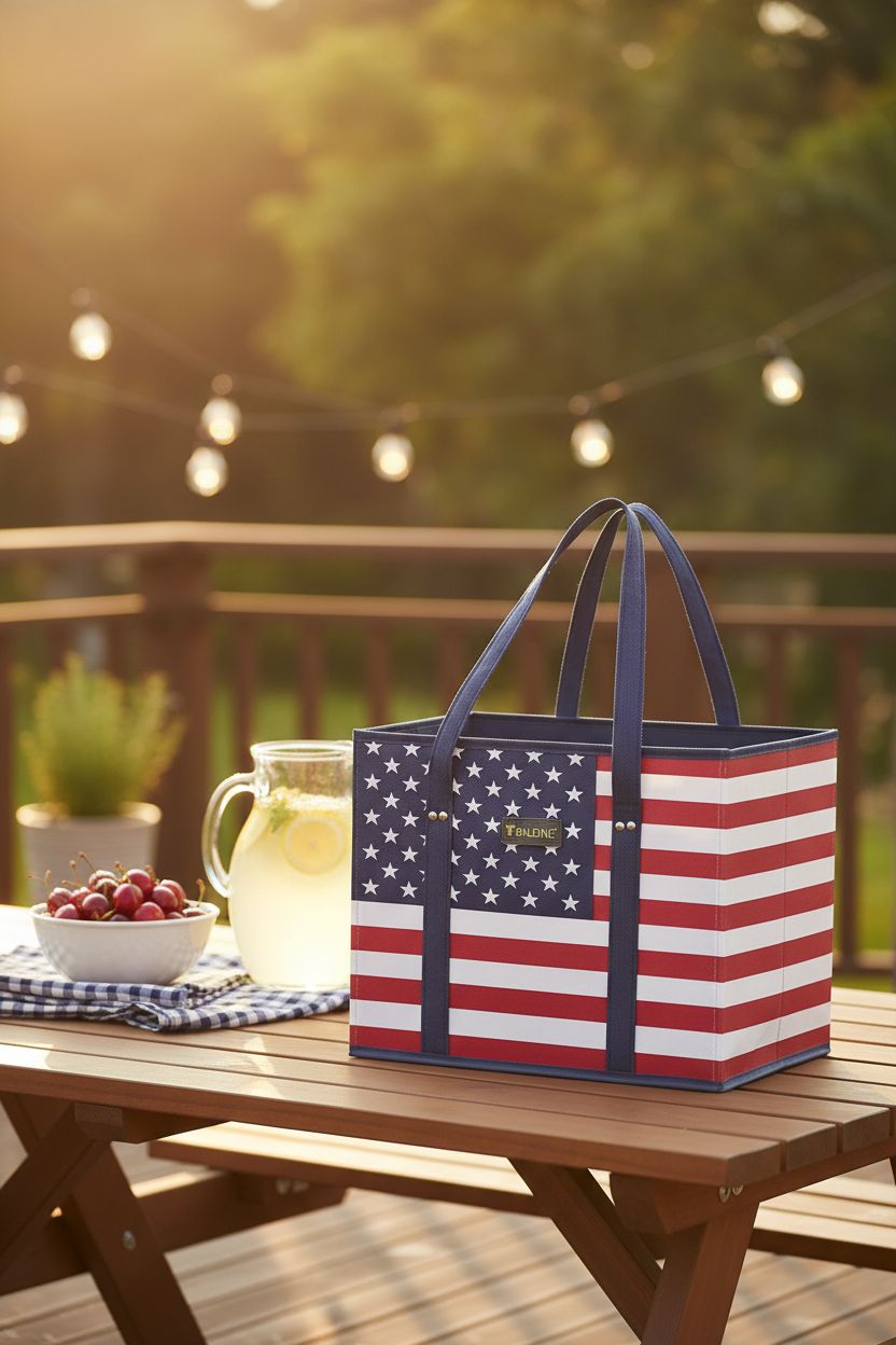 BALEINE red white blue tote on a wooden deck next to lemonade and cherries