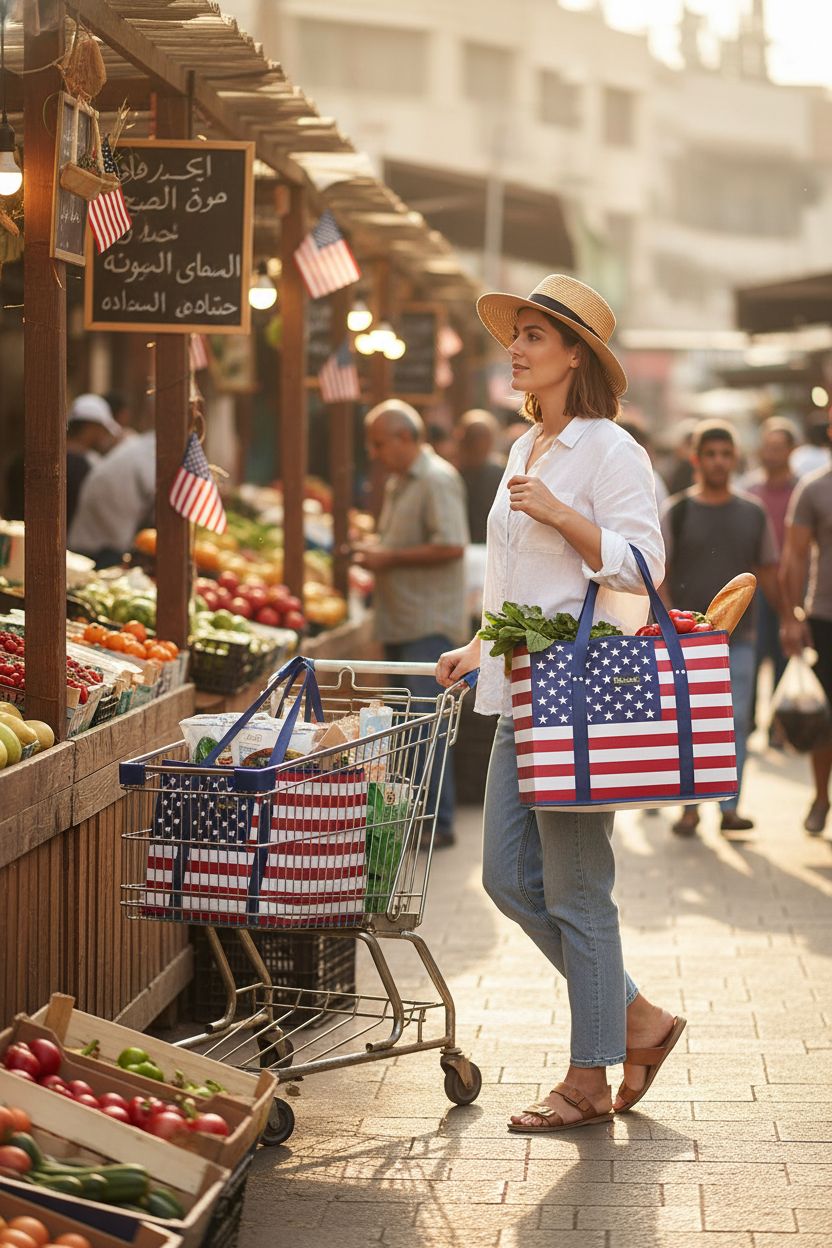 BALEINE red white blue reusable grocery bag at a farmer's market with fresh produce