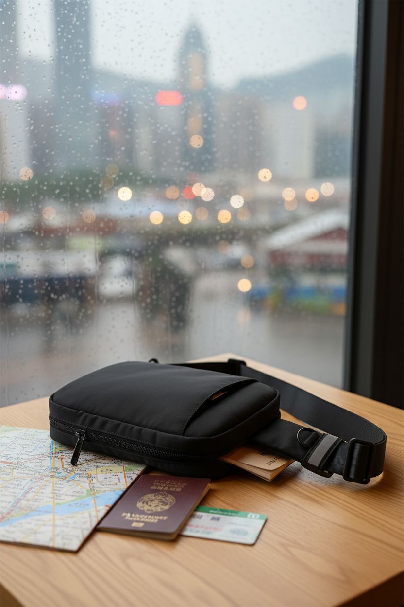 OSOCE black sling bag resting on a cafe table, highlighting RFID safety and stylish design.