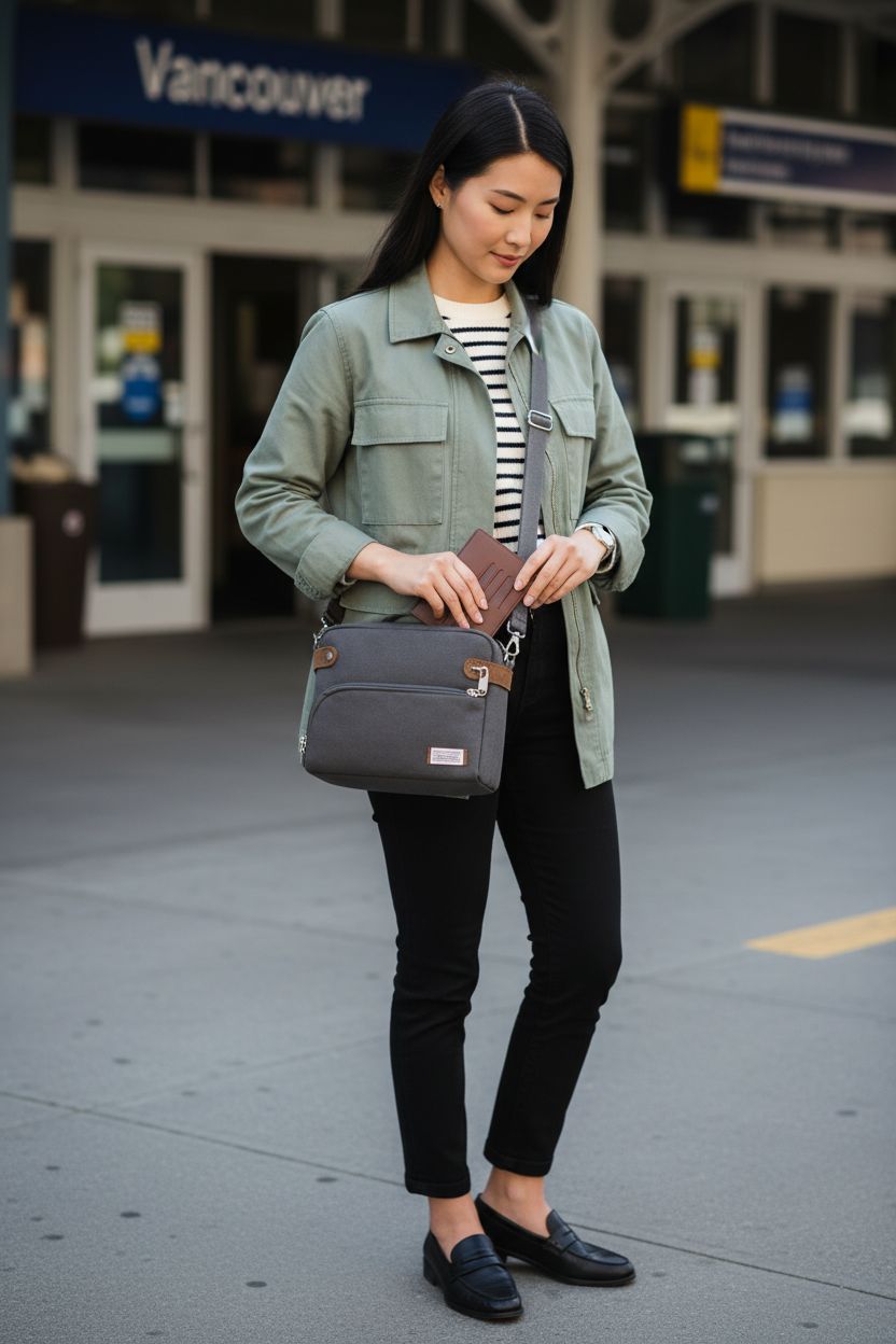 Charcoal canvas Travelon Anti-Theft Crossbody Bag with RFID protection at a train station.
