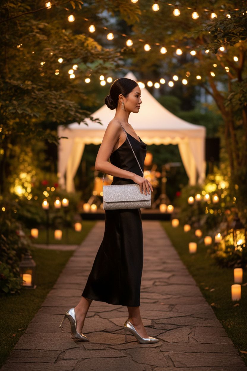 Elegant OSDUE rhinestone clutch at a twilight garden wedding with soft greenery and lights