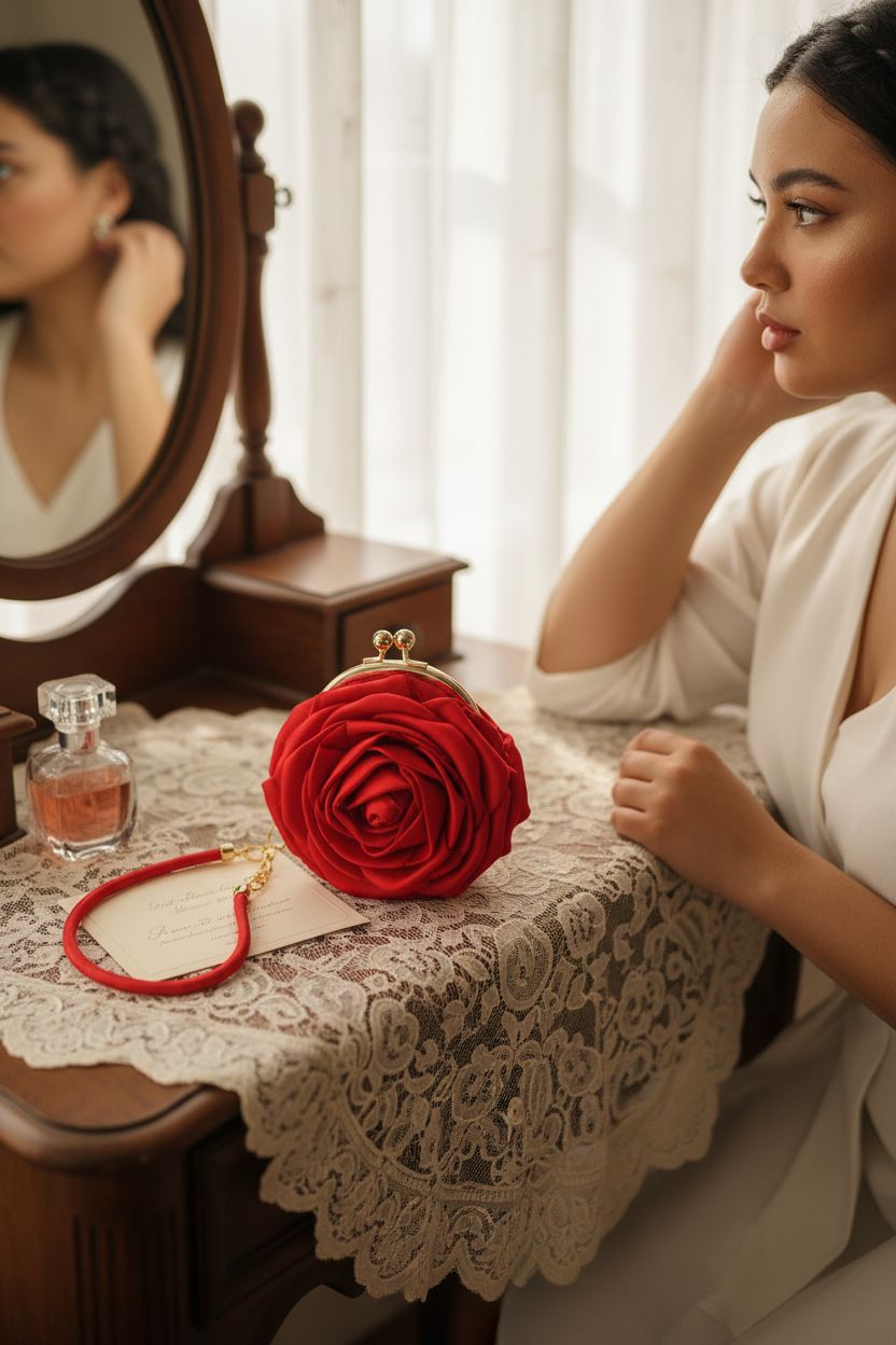 Quelay red rose purse on an antique vanity, morning light creating a serene ambiance