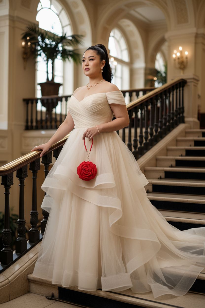 Quelay red rose purse held by a woman on a hotel staircase, elegant evening setting