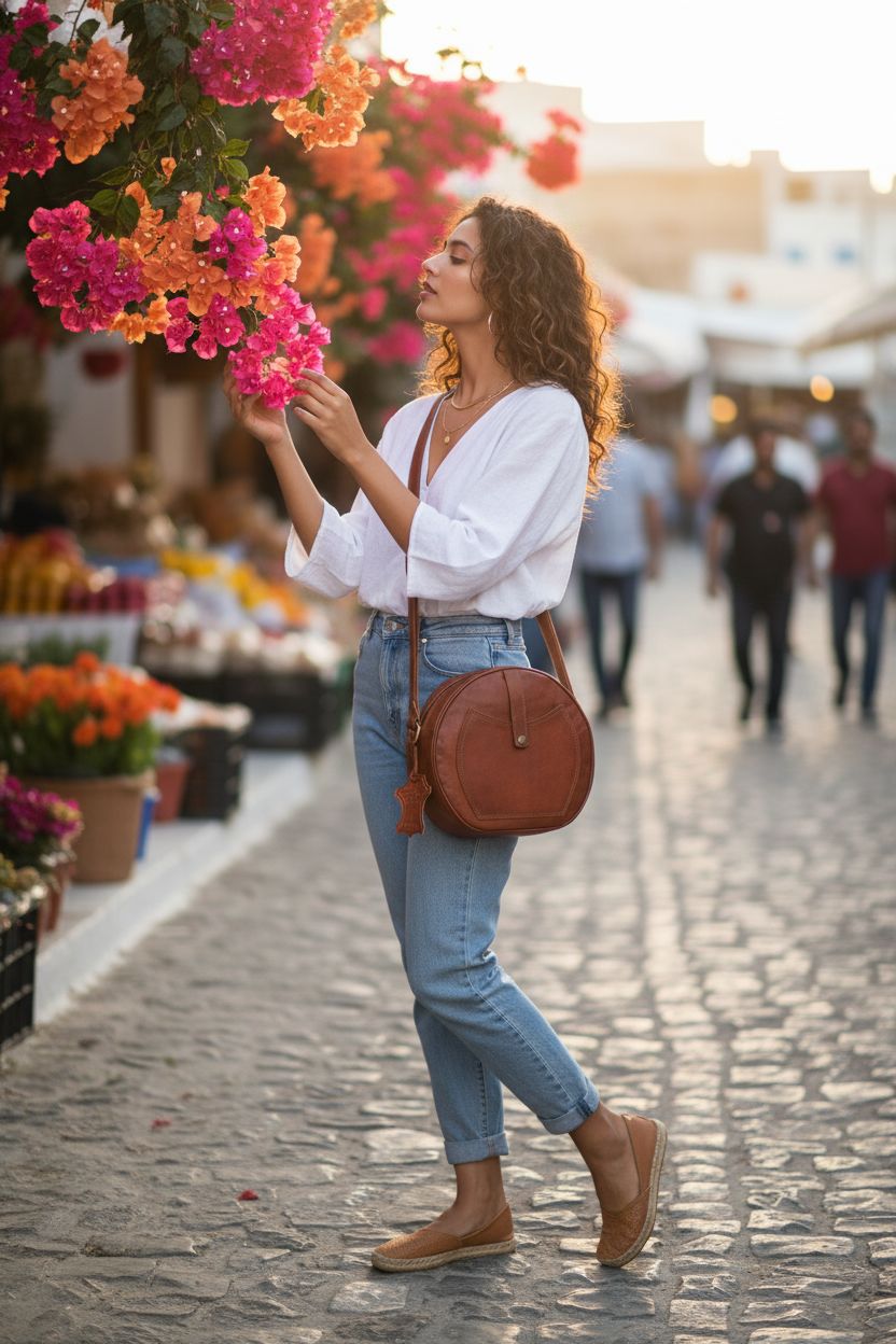 Madosh cognac leather round purse at a vibrant market, paired with light-wash jeans and a linen blouse.