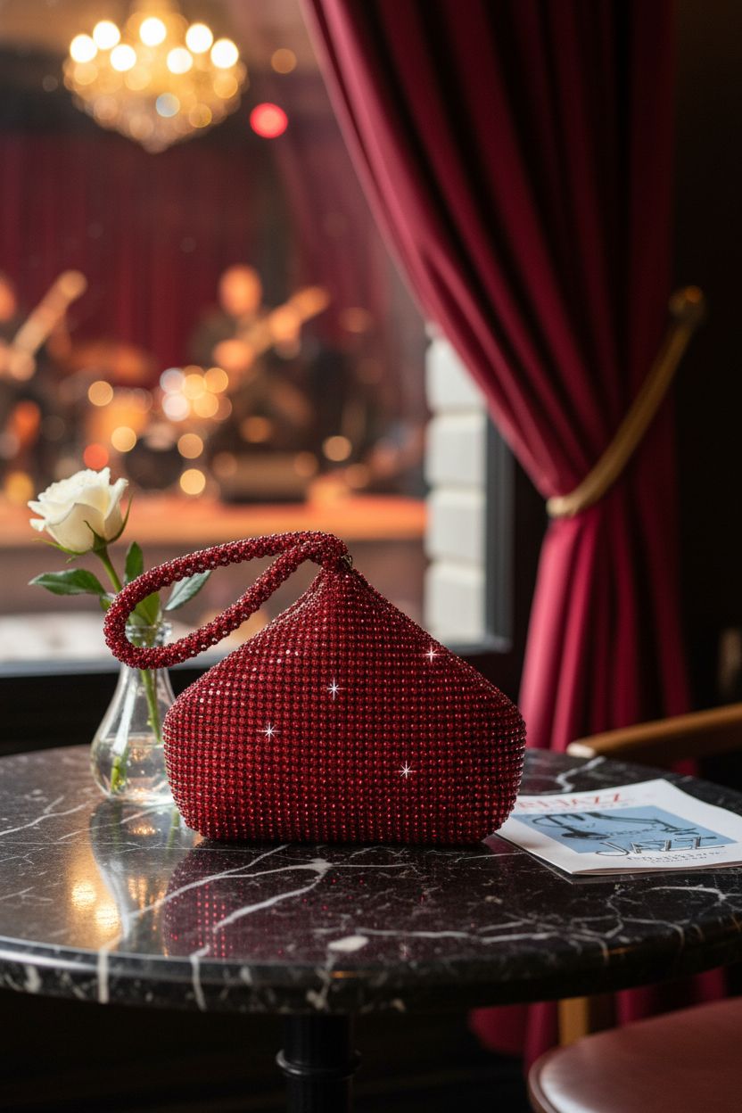 Elegant BABEYOND ruby red wristlet on a marble table in a candlelit jazz lounge.