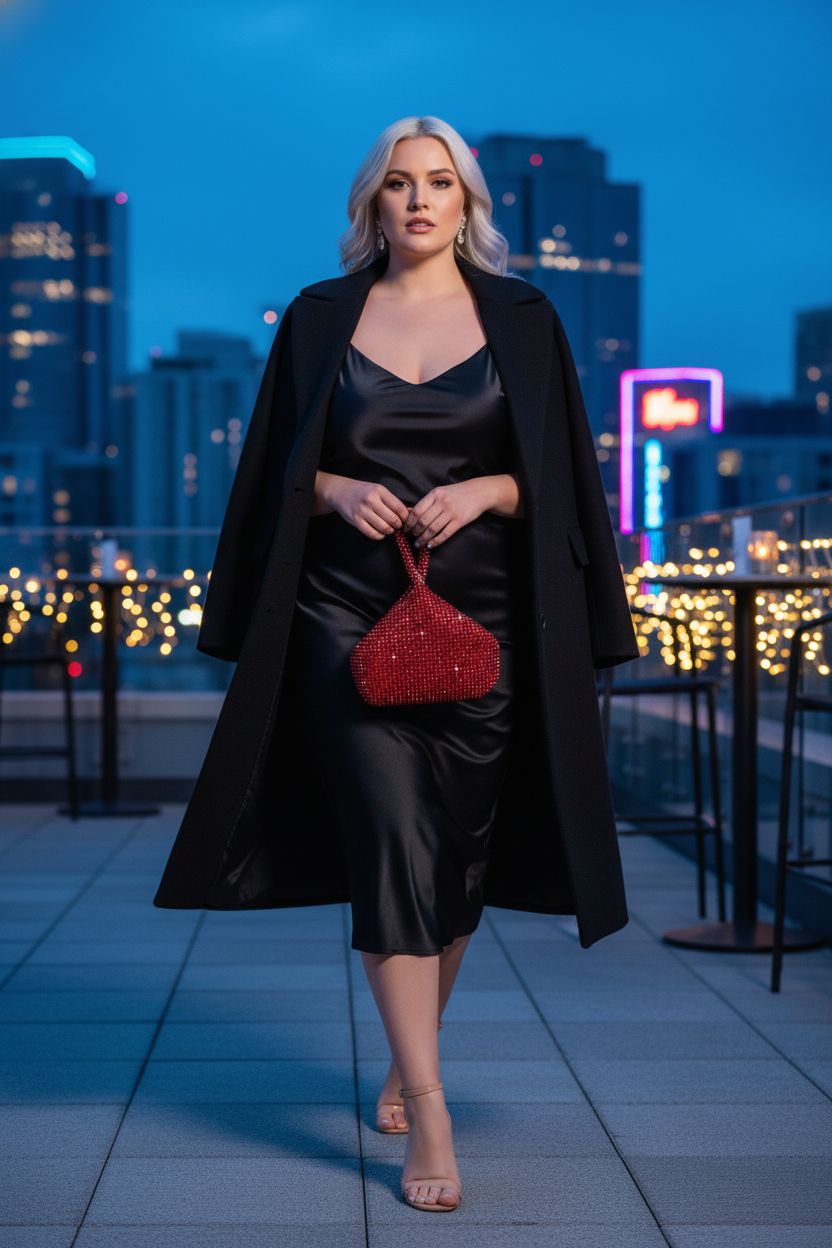 Stylish BABEYOND ruby red rhinestone clutch purse on a twilight rooftop bar.
