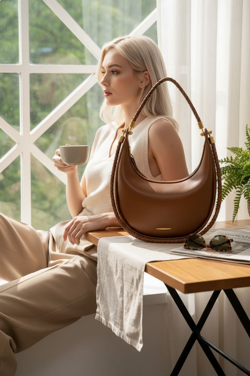 Joryin crescent saddle purse on a bistro table, surrounded by a relaxed, sunlit atmosphere.