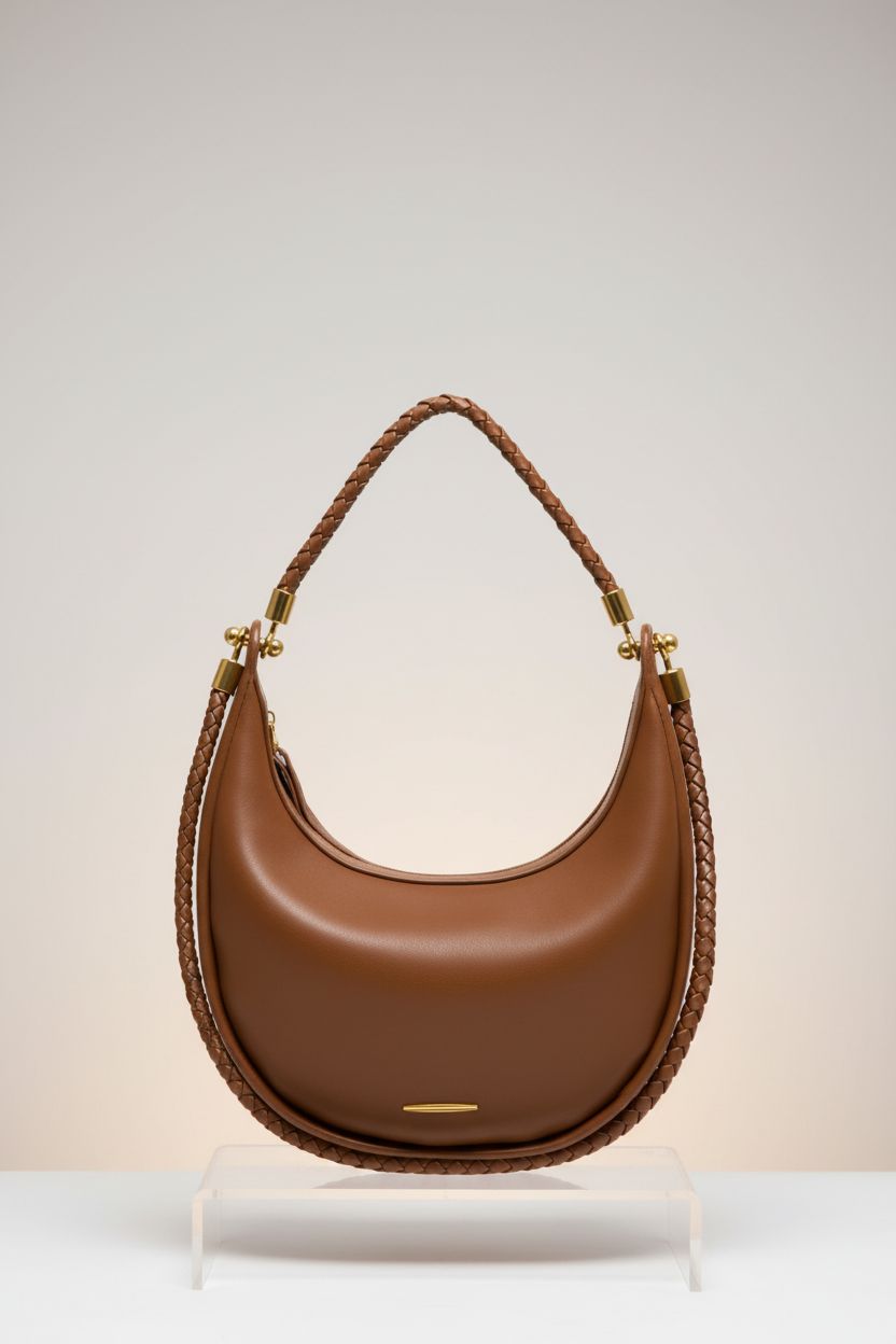 Minimalist display of Joryin crescent saddle purse, showcasing vegan leather and braided handle.
