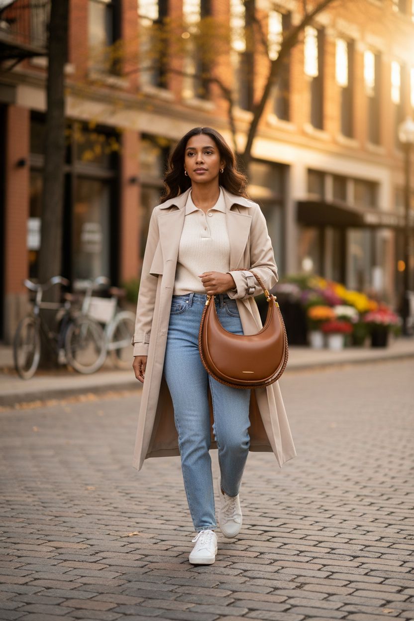 Joryin crescent saddle purse in vegan leather, styled with warm tones in a market setting.