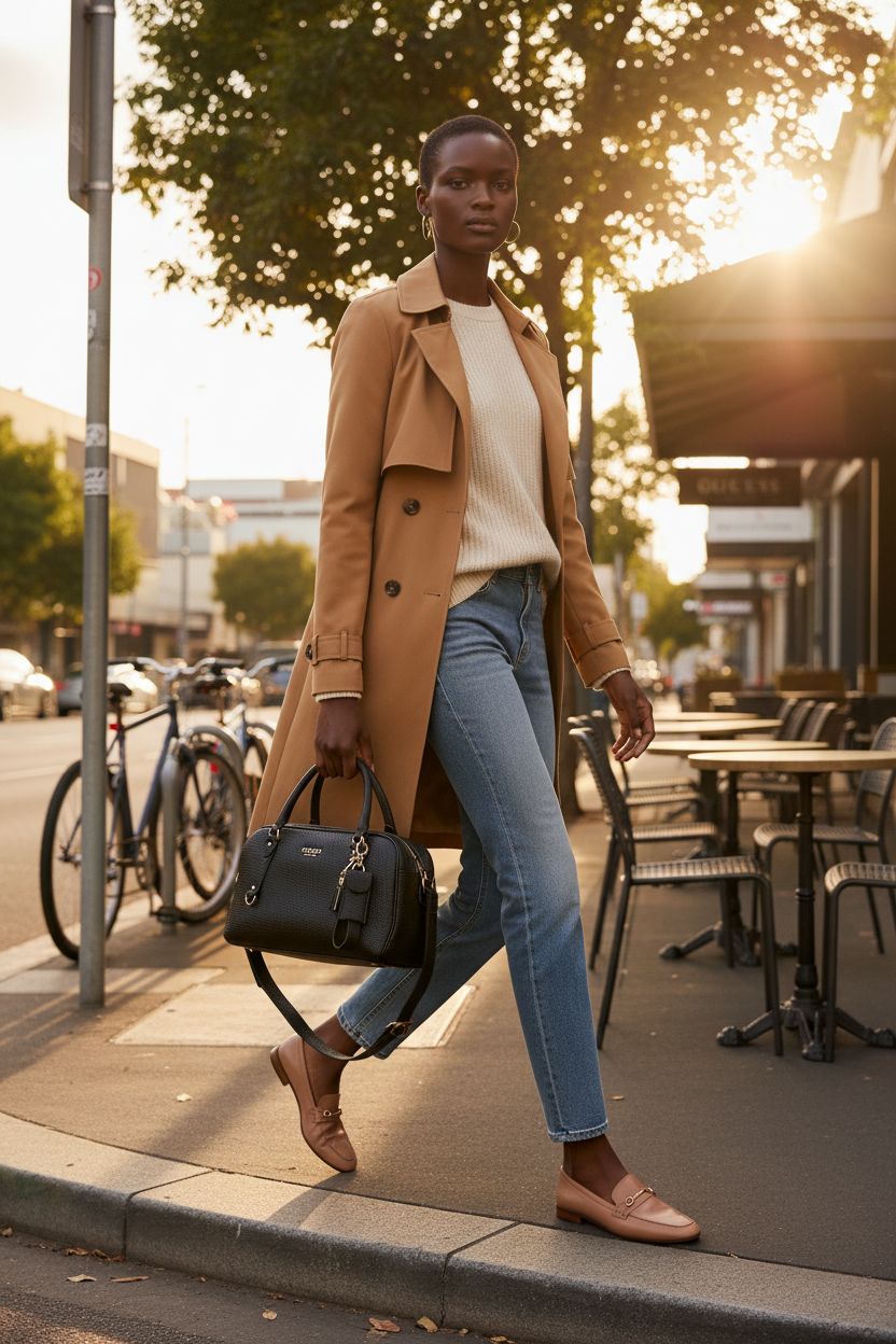 GUESS Marsha Box Satchel in black leather, styled on a sidewalk near a café during golden hour.