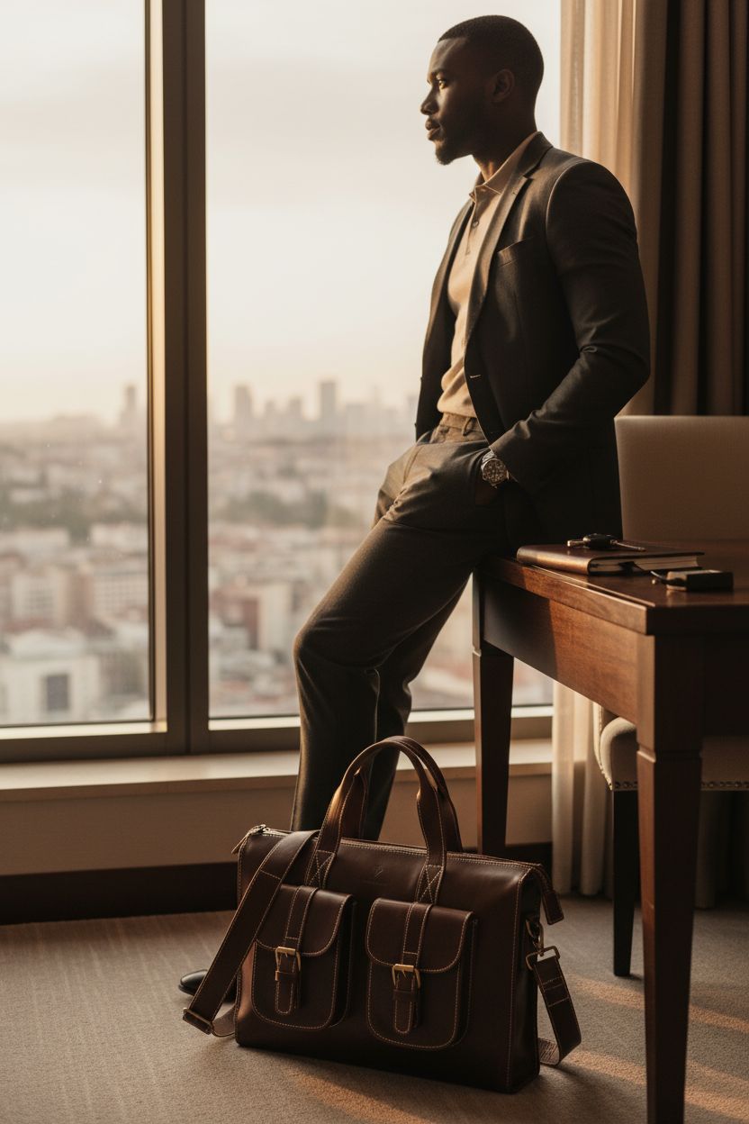 NATURAHIDE luxury leather satchel on a desk with city skyline view