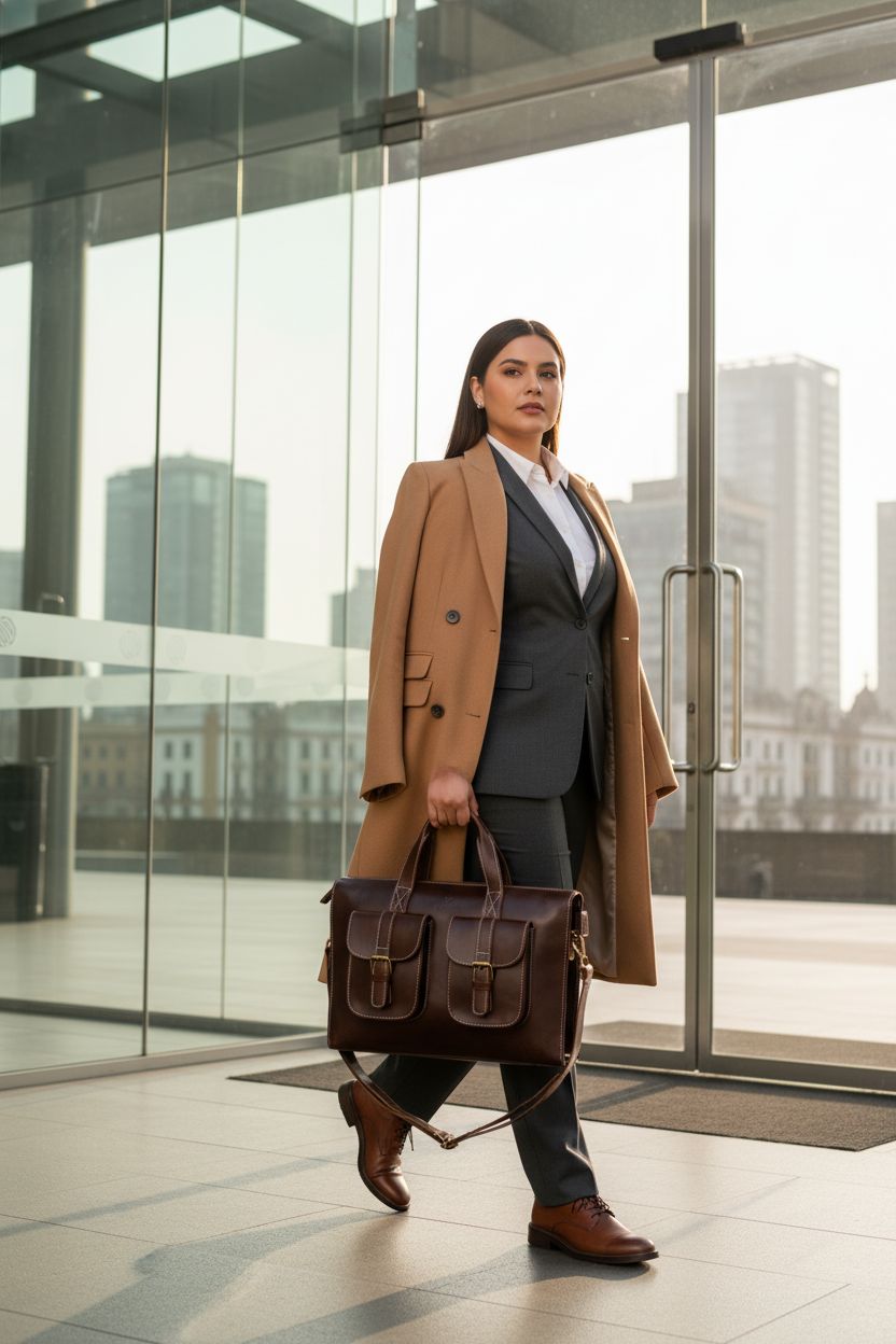 NATURAHIDE espresso-brown leather satchel carried in a modern office setting