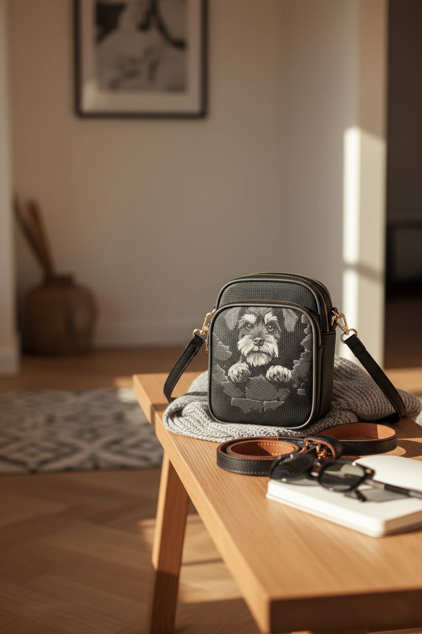 Cozy entryway scene featuring TSOVTHRID Schnauzer crossbody bag on a bench.