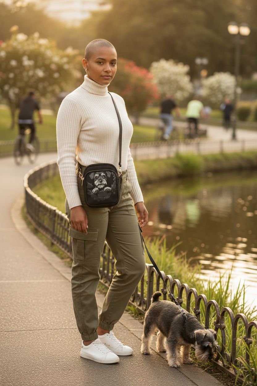 TSOVTHRID Schnauzer leather crossbody purse shining in morning light on park path.